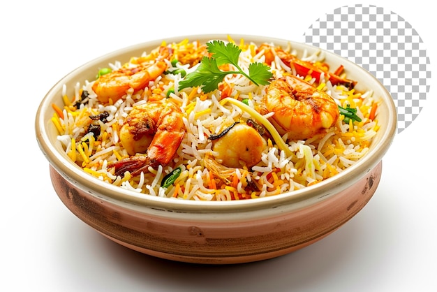 Kachchi Biriyani with chicken prawn and Dhaka spices on transparent background