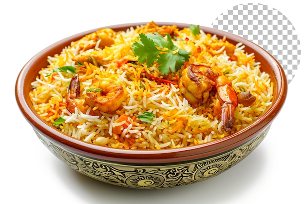 Kachchi Biriyani with chicken prawn and Dhaka spices on transparent background