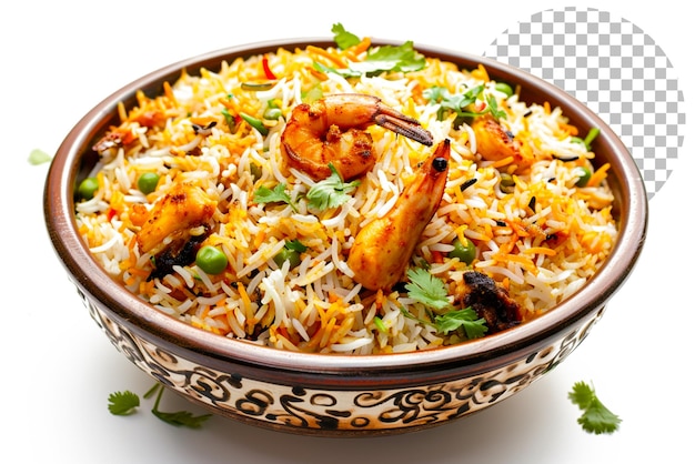 Kachchi Biriyani with chicken prawn and Dhaka spices on transparent background