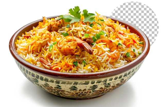 Kachchi Biriyani with chicken prawn and Dhaka spices on transparent background