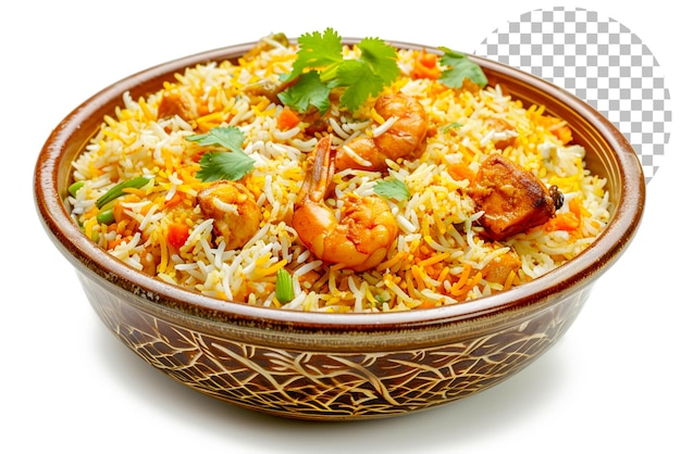 Kachchi Biriyani with chicken prawn and Dhaka spices on transparent background