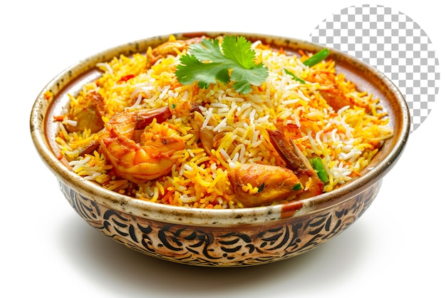 Kachchi Biriyani with chicken prawn and Dhaka spices on transparent background