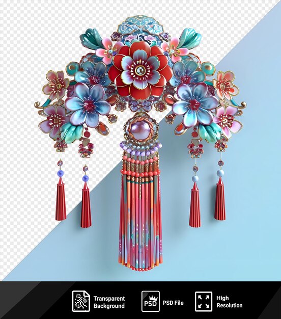 kanzashi japanese hair ornament jewellery displayed on a blue wall adorned with a variety of colorful flowers including red blue pink and red and pink blooms png psd