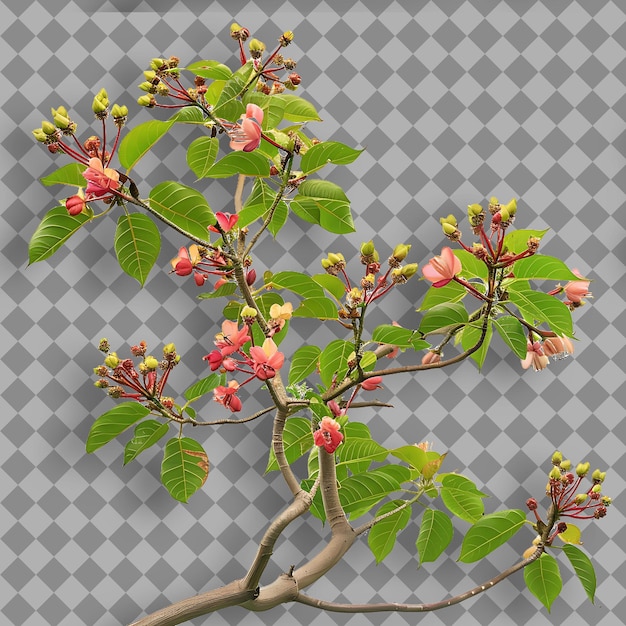 PSD kapok with tall straight branch covered in small red to pink isolated tree branch on clean bg