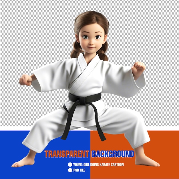 Karate Cartoon Young Girl in Action with Transparent Background