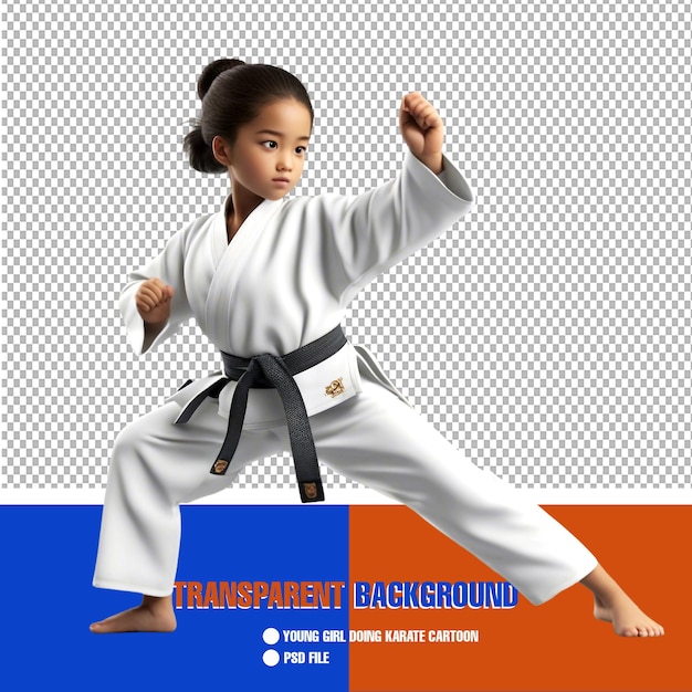 Karate Cartoon Young Girl in Action with Transparent Background