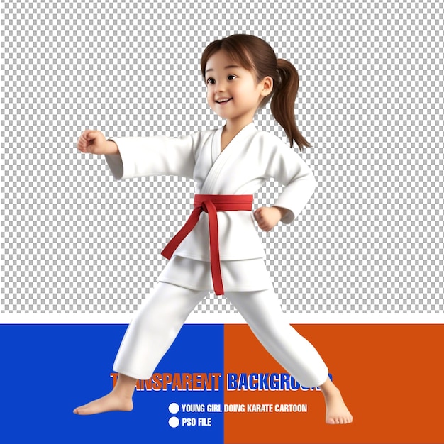 Karate Cartoon Young Girl in Action with Transparent Background