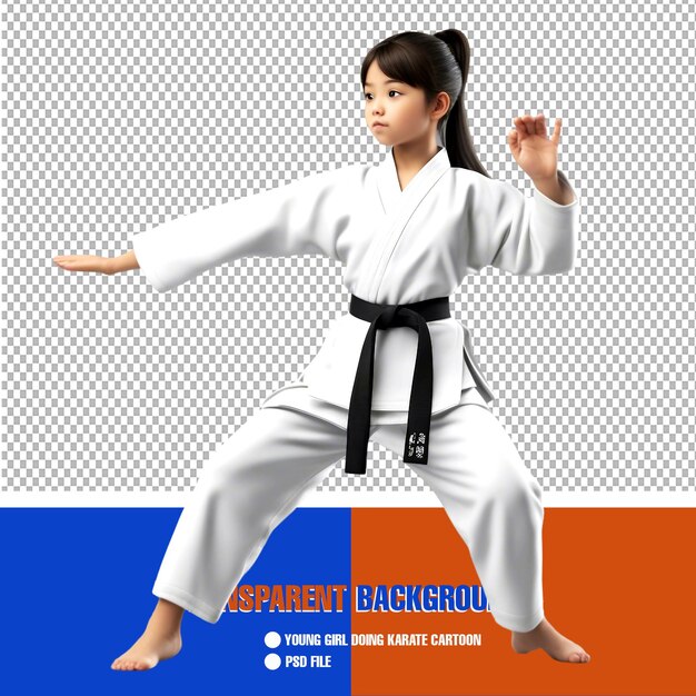 Karate Cartoon Young Girl in Action with Transparent Background