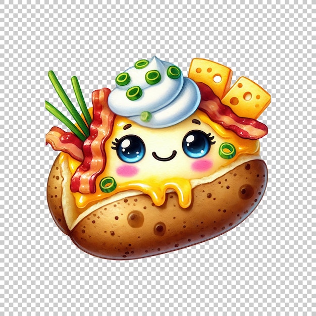 Kawaii baked potato with toppings isolated on transparent background