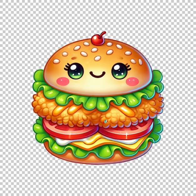 Kawaii burger with lettuce and tomato isolated on transparent background