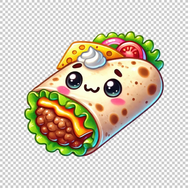 Kawaii burrito with cheese and sour cream isolated on transparent background