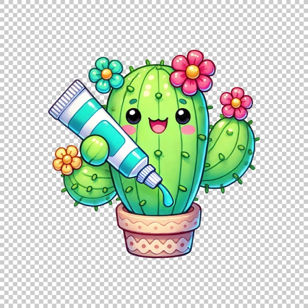 PSD kawaii cactus with paint tube and flowers isolated on transparent background