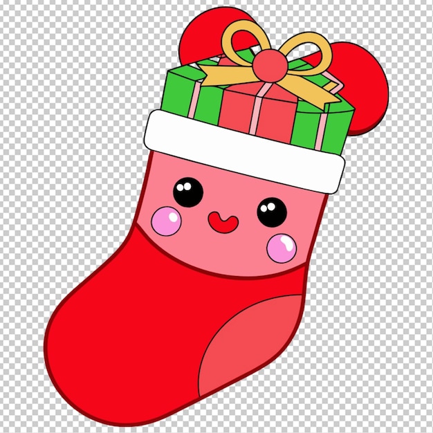 PSD kawaii christmas stocking with gifts transparent background