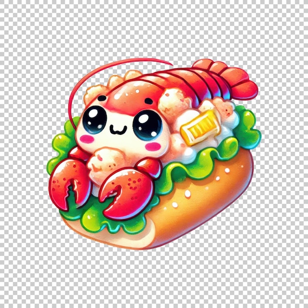 Kawaii lobster roll with lettuce and butter isolated on transparent background