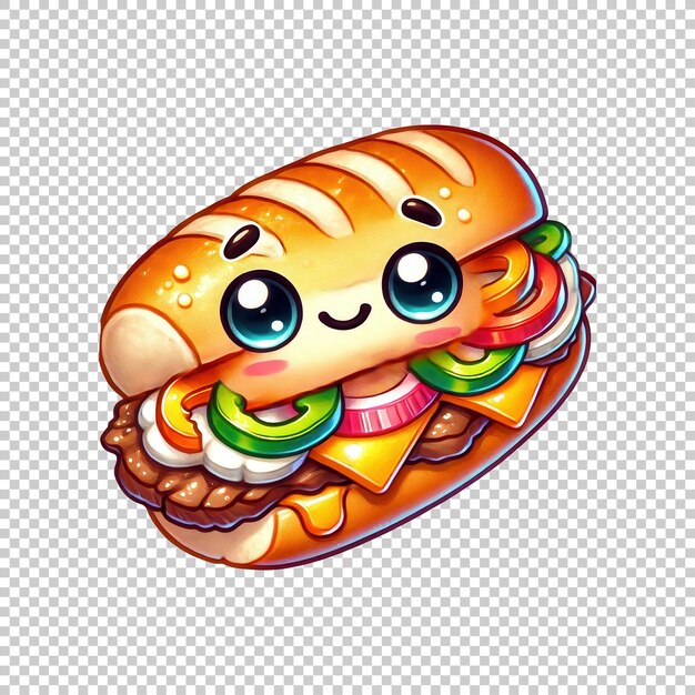 Kawaii sandwich with vegetables and cheese isolated on transparent background