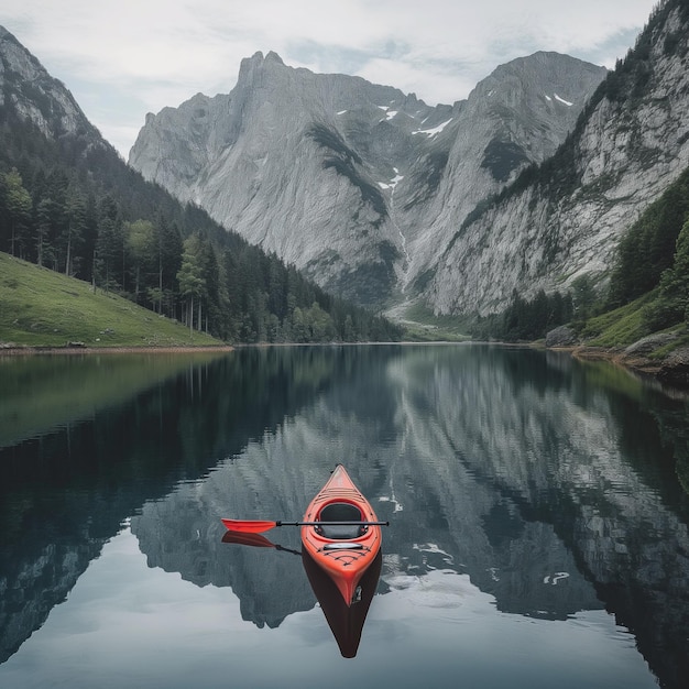 PSD a kayak is on a pristine lake surrounded by mountains landscape wallpaper