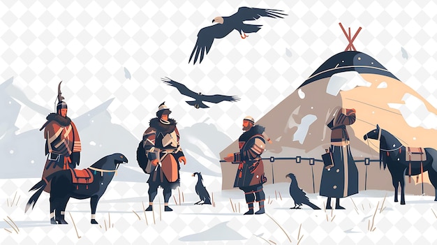 Kazakh Eagle Hunters Training Their Birds Design Is Rugged a Illustration Cutural Landscape View