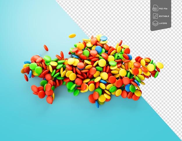 Kazakhstan Colorful Sweet Candy Dragees In Shape Of Kazakhstan Map Blue Background 3d Illustration