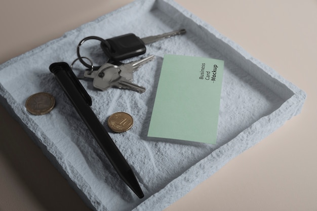 Keychain with business card mockup in a tray