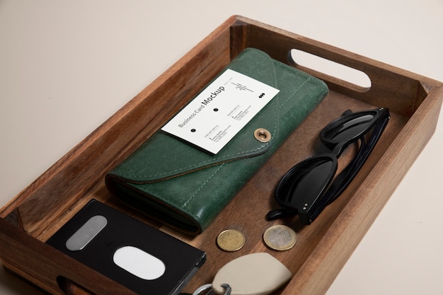 Keychain with business card mockup in a tray