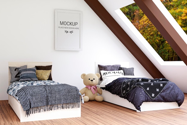 A kid bedroom with mockup wall picture frame 3d rendered illustration