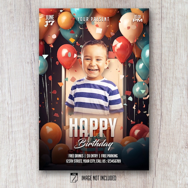 Kid birthday party flyer template 3D scenery with balloon