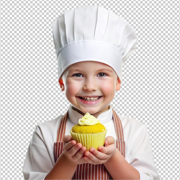 PSD kid chef holding cupcake isolated on transparent background