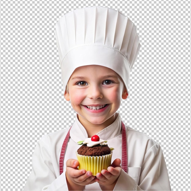 PSD kid chef holding cupcake isolated on transparent background