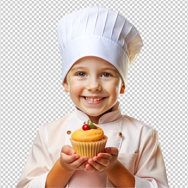 PSD kid chef holding cupcake isolated on transparent background