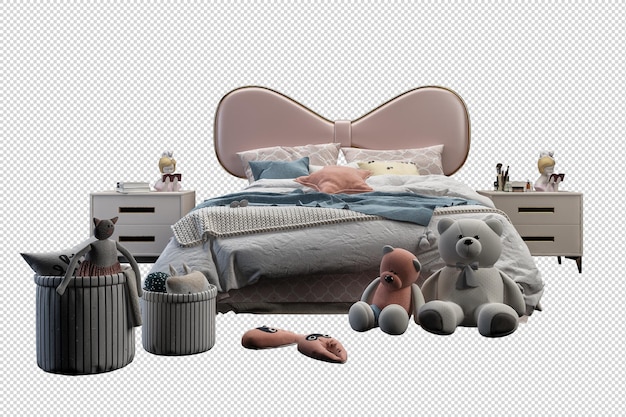 Kid's bed in the childrens room in 3d rendering isolated