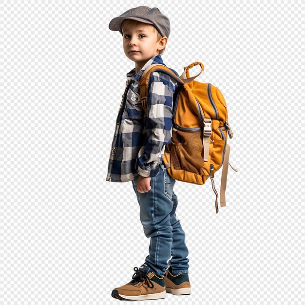 PSD kid student with backpack on isolated transparent background