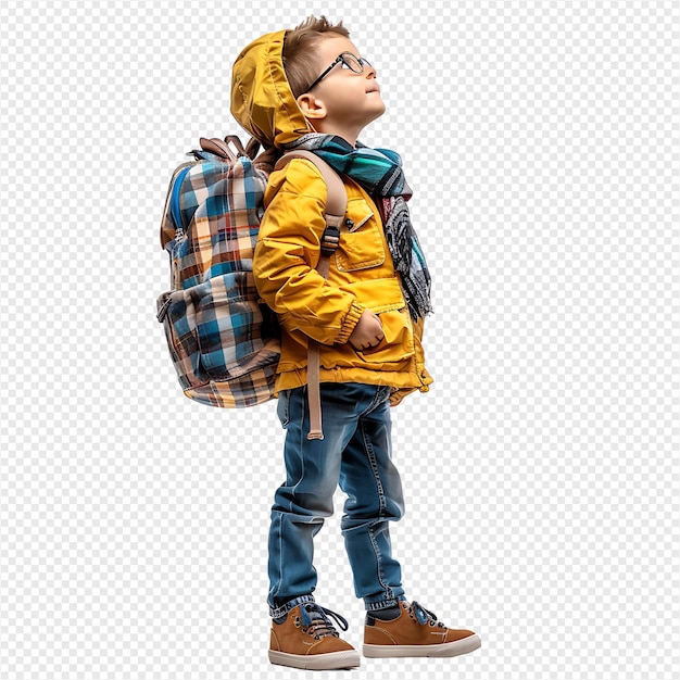 Kid student with backpack on isolated transparent background