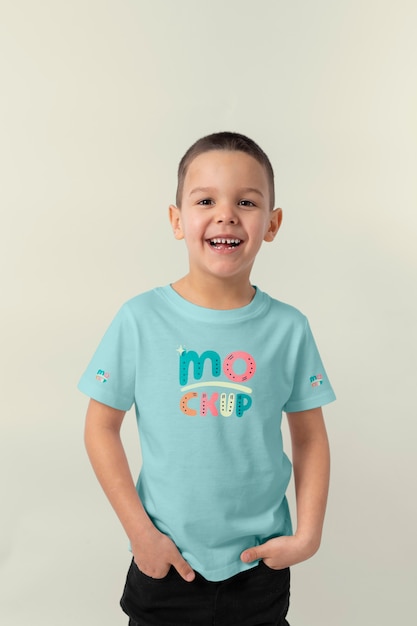 Kid wearing tshirt mockup design