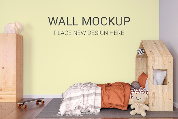 Kids bedroom wall mockup 3d rendered illustration with customizable background