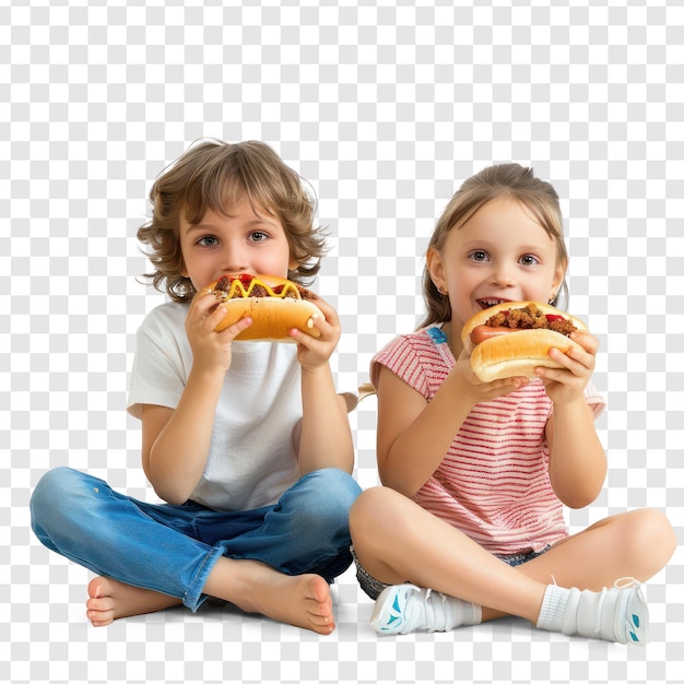 kids eating hot dogs fast food side view full length on transparency background PSD