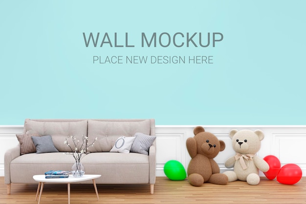 Kids playroom wall mockup 3d rendered illustration with customizable background