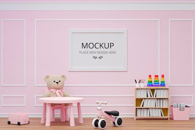 Kids playroom with stuffed toy animals and mockup picture frame 3d rendered illustration