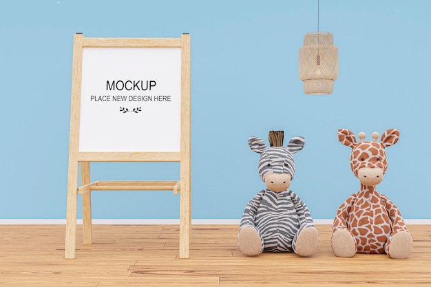 Kids playroom with stuffed toy animals and mockup writing board 3d rendered illustration