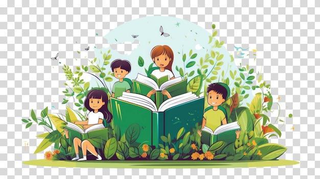 Kids reading Books in nature isolated on transparent background vector illustration