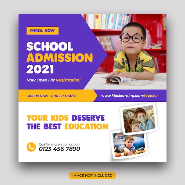 Kids school education admission social media banner and square flyer template 