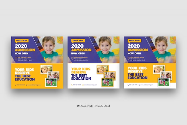 Kids school education admission social media banner and square flyer template 