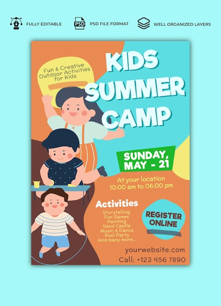 Kids summer camp flyer template and pamphlet poster unique and cute illustration