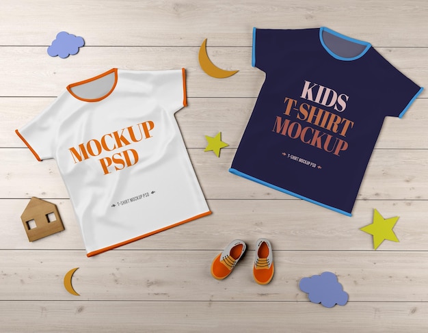 Kids t-shirt mockup psd with shoes and toys on wooden texture