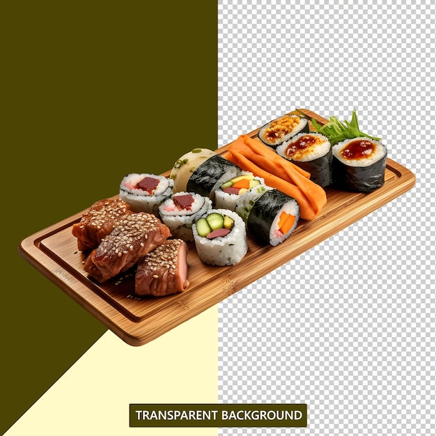 PSD kimbab is served on a board with a transparent background