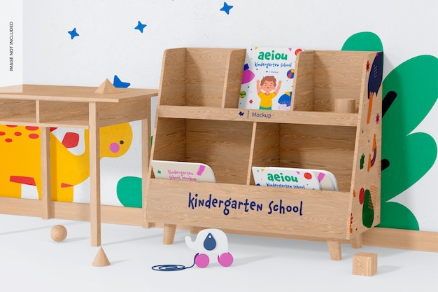 Kindergarten Bookshelf Mockup with Table