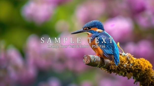 PSD kingfisher perched on branch with blurred floral background