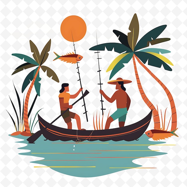 PSD kiribati fishermen catching fish in the lagoon design is tra illustration cutural landscape view