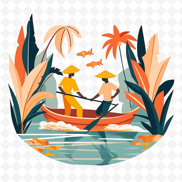 Kiribati Fishermen Catching Fish in the Lagoon Design Is Tra Illustration Cutural Landscape View