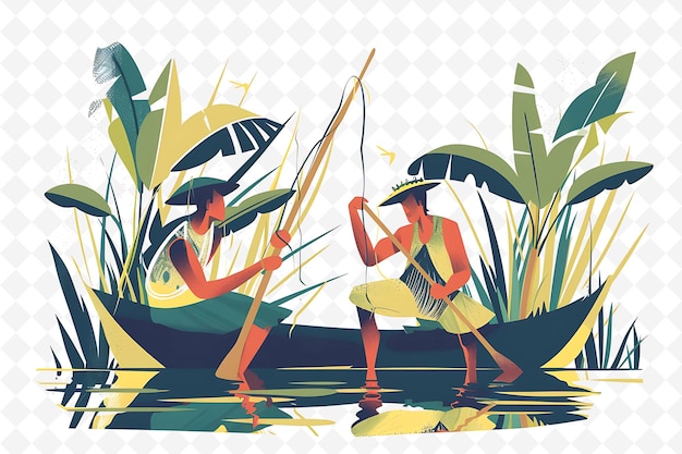 PSD kiribati fishermen catching fish in the lagoon design is tra illustration cutural landscape view