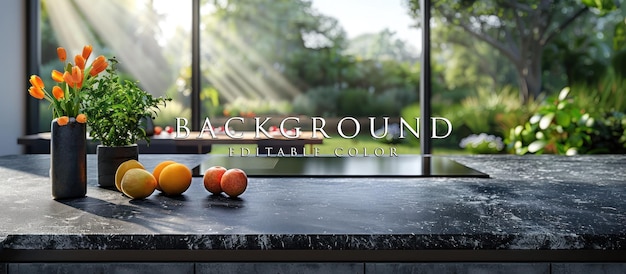 kitchen equipment on a black granite counter with white wall shades